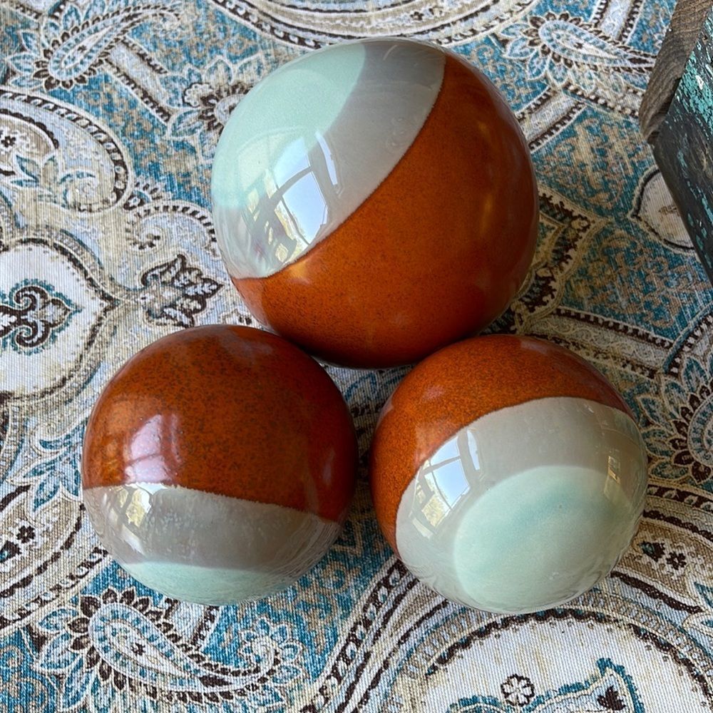 Ceramic glazed balls, set of 3 decorative Terra Cotta orange and sea foam green